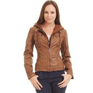 NWOT Trends Faux Leather Barcelona Jacket With Hoodie In Camel